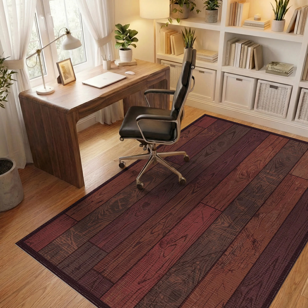 Rustic Dark Wood Grain Planks Rug Office View
