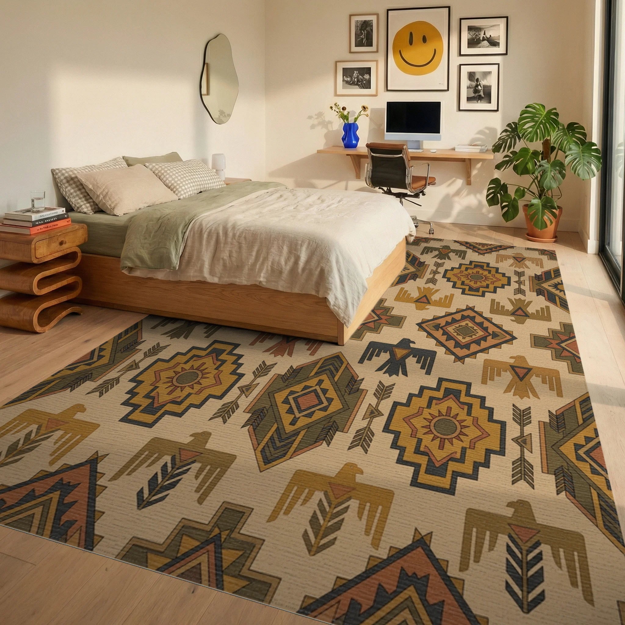 Rustic Earth Tones Sunburst Eagle Rug Bedroom View