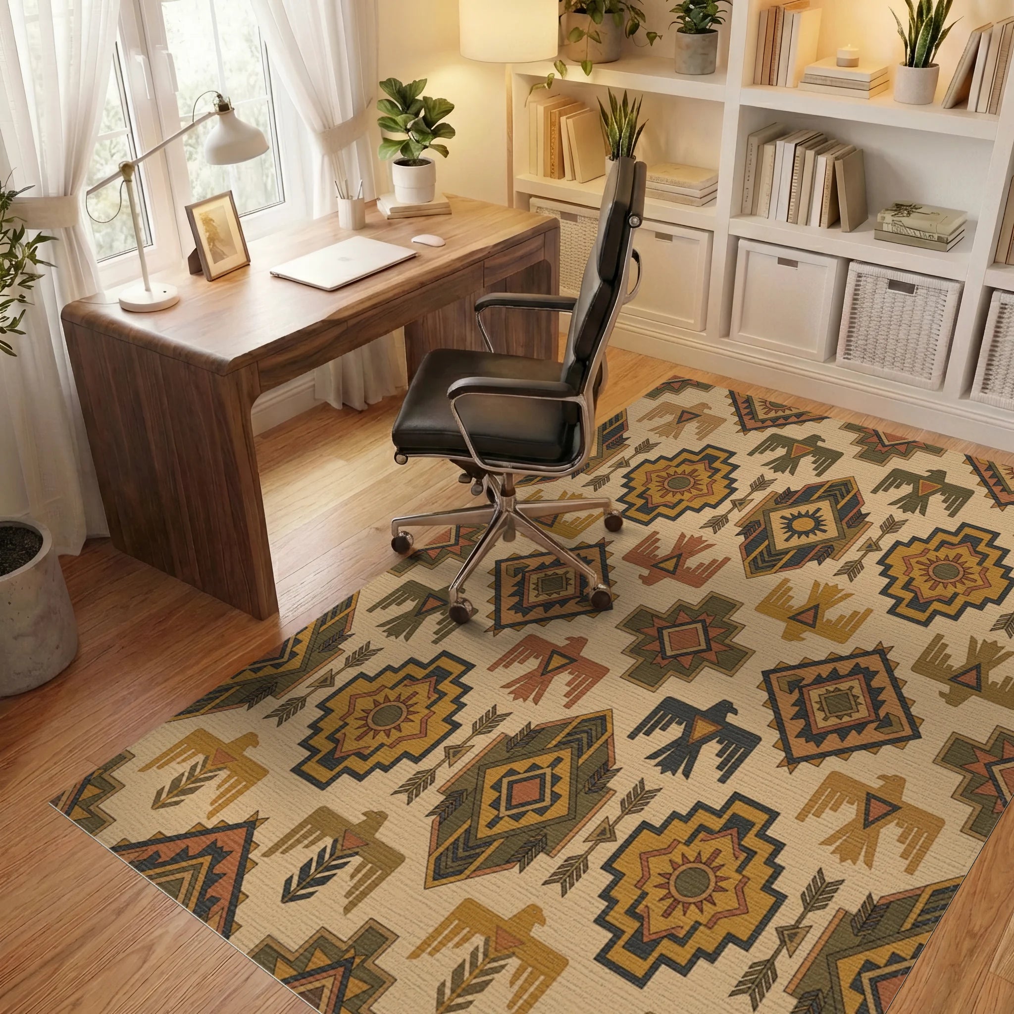 Rustic Earth Tones Sunburst Eagle Rug Office View