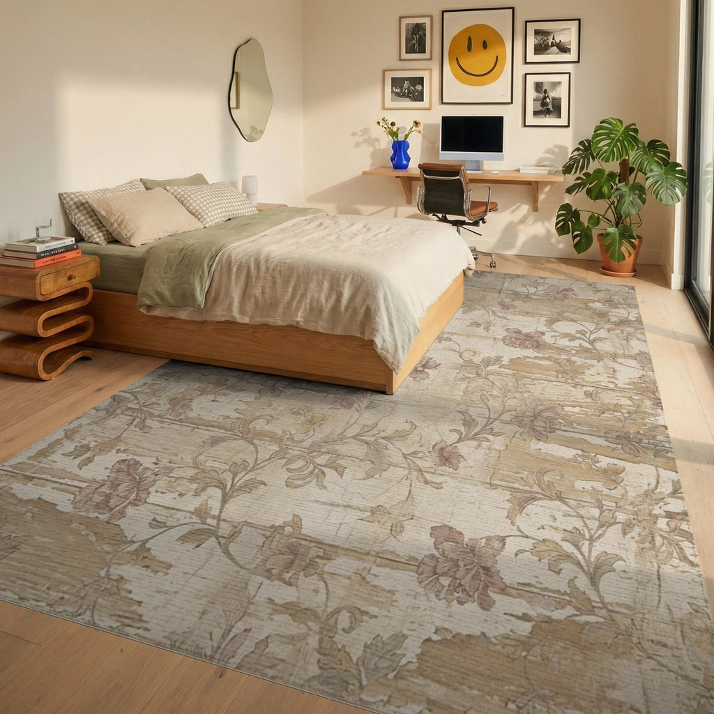 Rustic Floral Vine Distressed Wood Rug Bedroom View