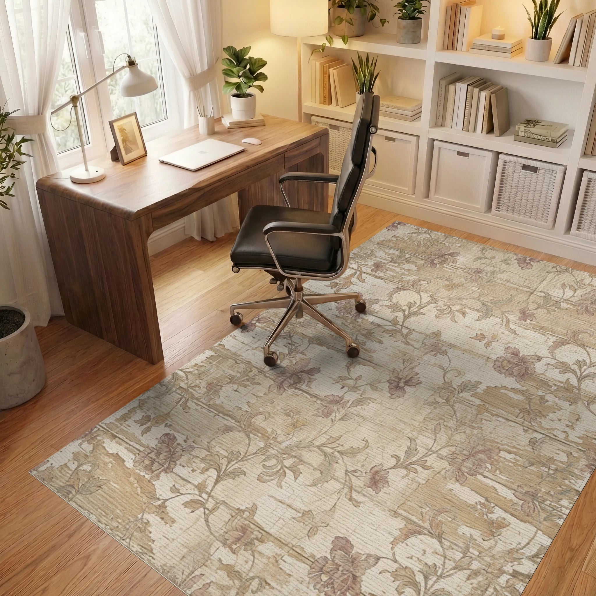 Rustic Floral Vine Distressed Wood Rug Office View