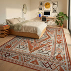 Rustic Geometric Orange Diamond Medallion Rug - Bedroom View