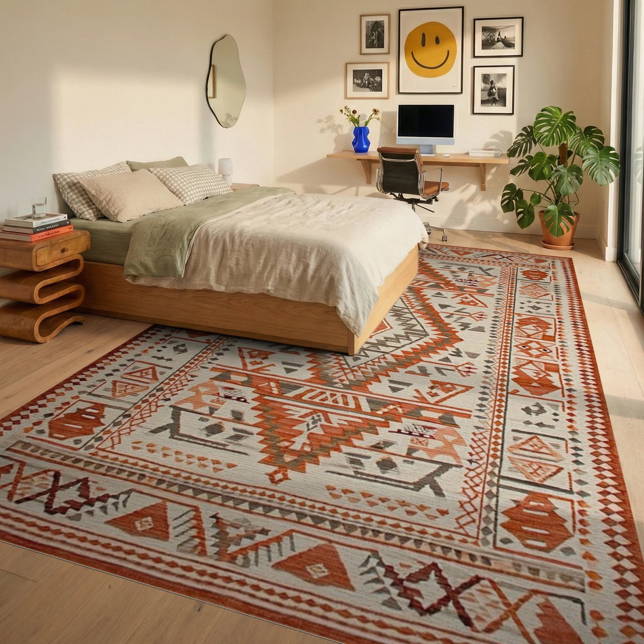 Rustic Geometric Orange Diamond Medallion Rug - Bedroom View