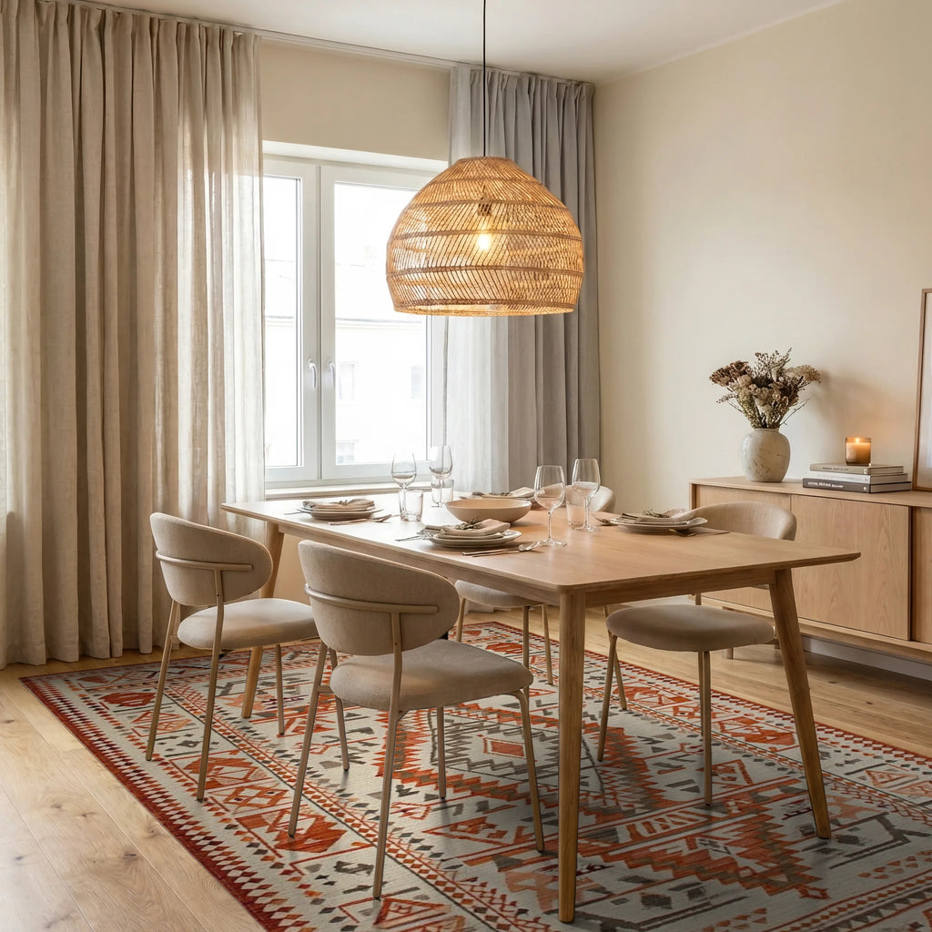 Rustic Geometric Orange Diamond Medallion Rug - Dining Room View