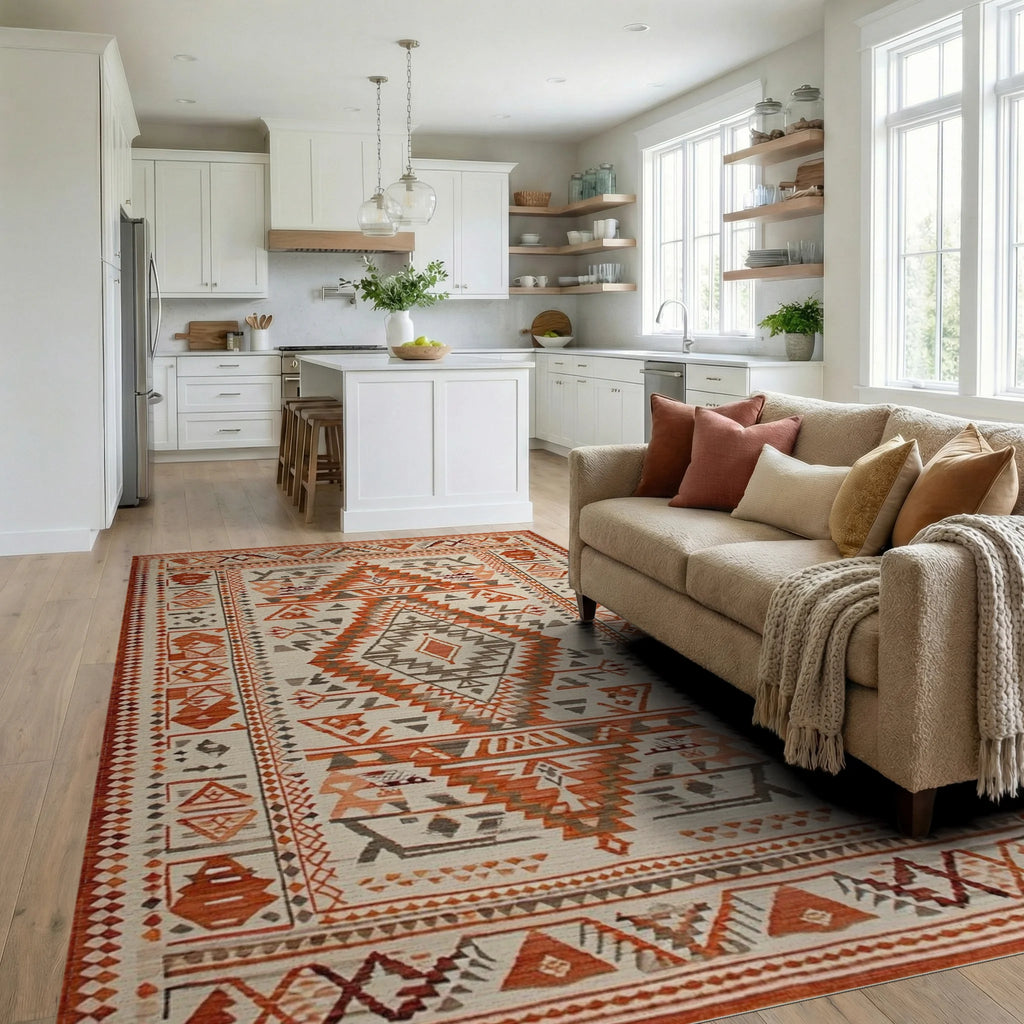 Rustic Geometric Orange Diamond Medallion Rug - Living Room View