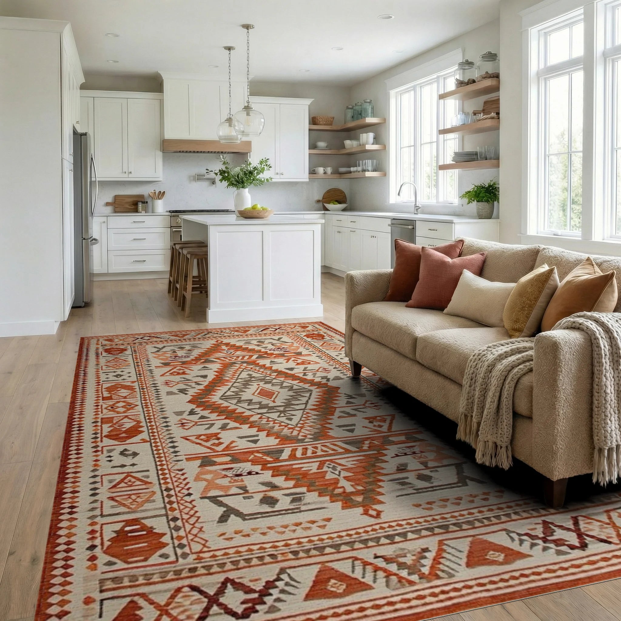 Rustic Geometric Orange Diamond Medallion Rug - Living Room View
