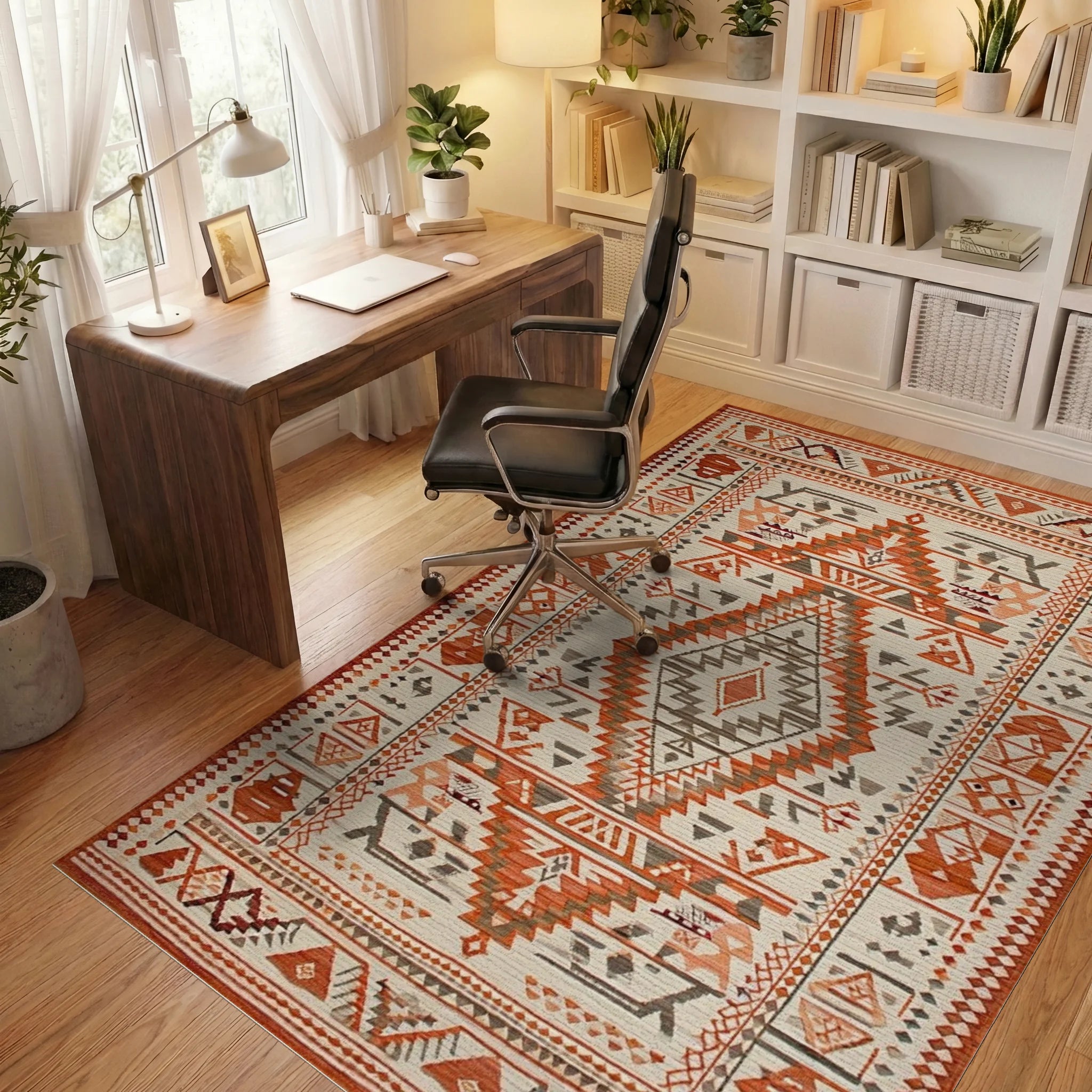 Rustic Geometric Orange Diamond Medallion Rug - Office View