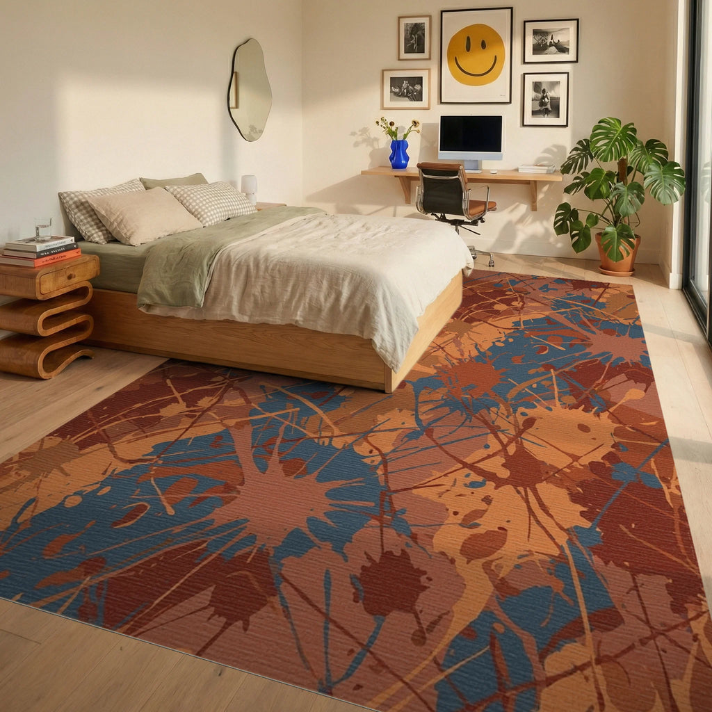 Rustic Orange Blue Splatter Splash Rug Bedroom View