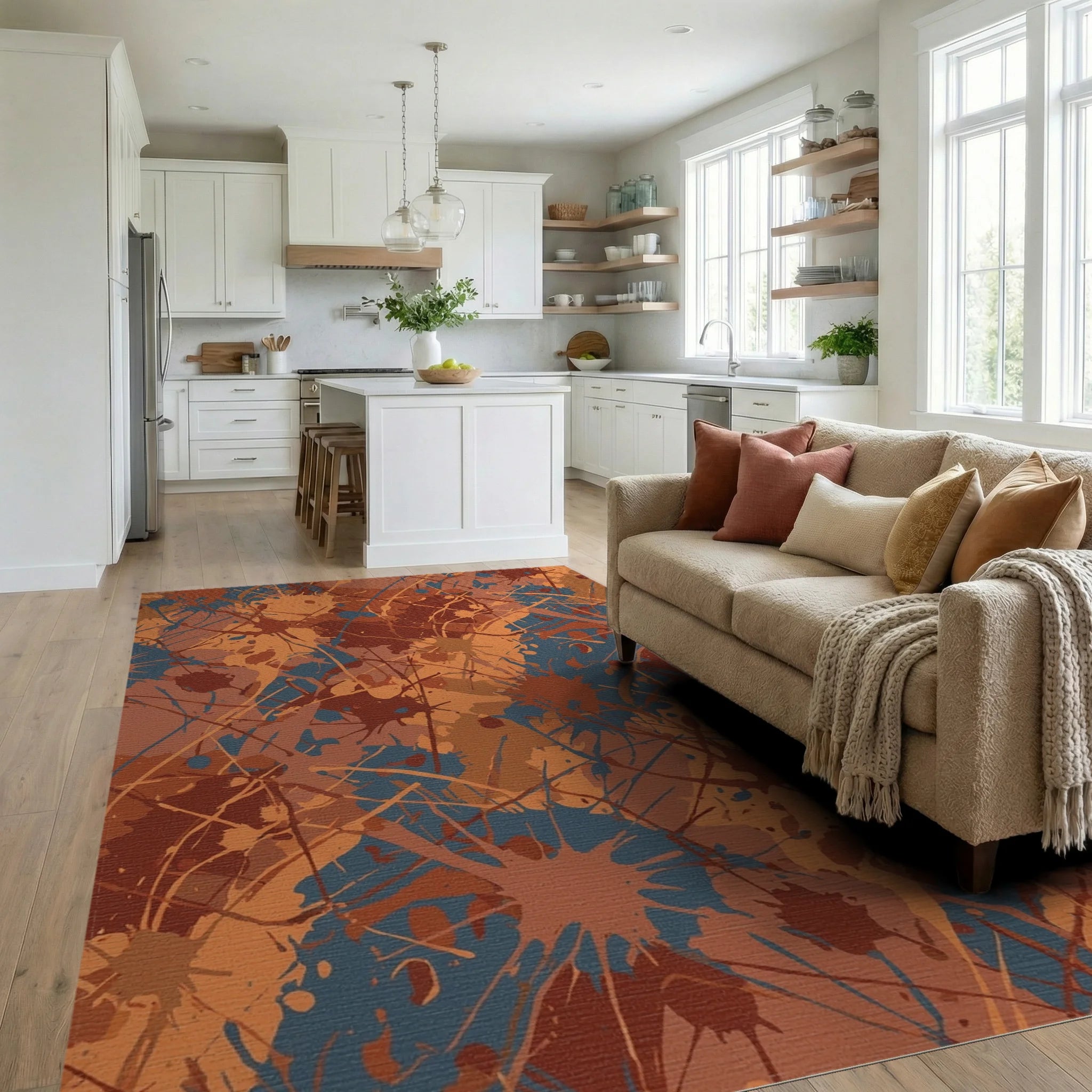 Rustic Orange Blue Splatter Splash Rug Living Room View