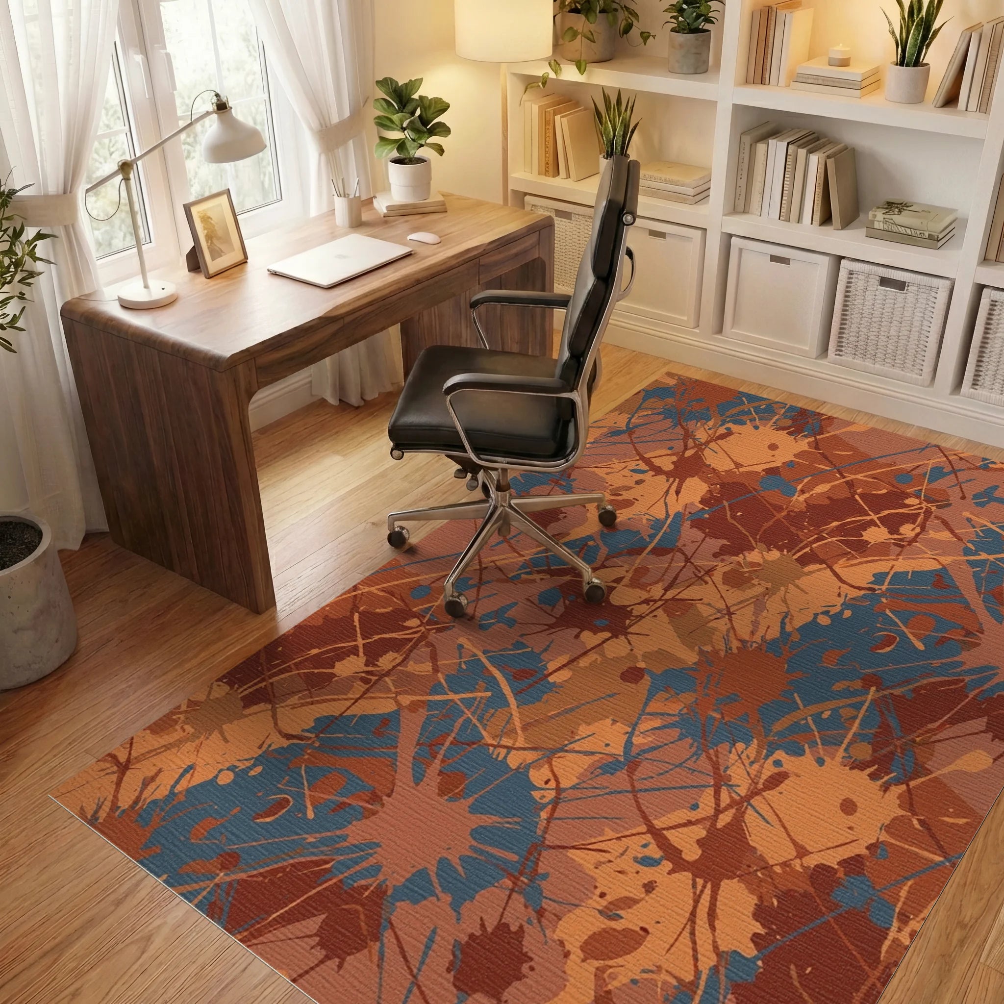 Rustic Orange Blue Splatter Splash Rug Office View