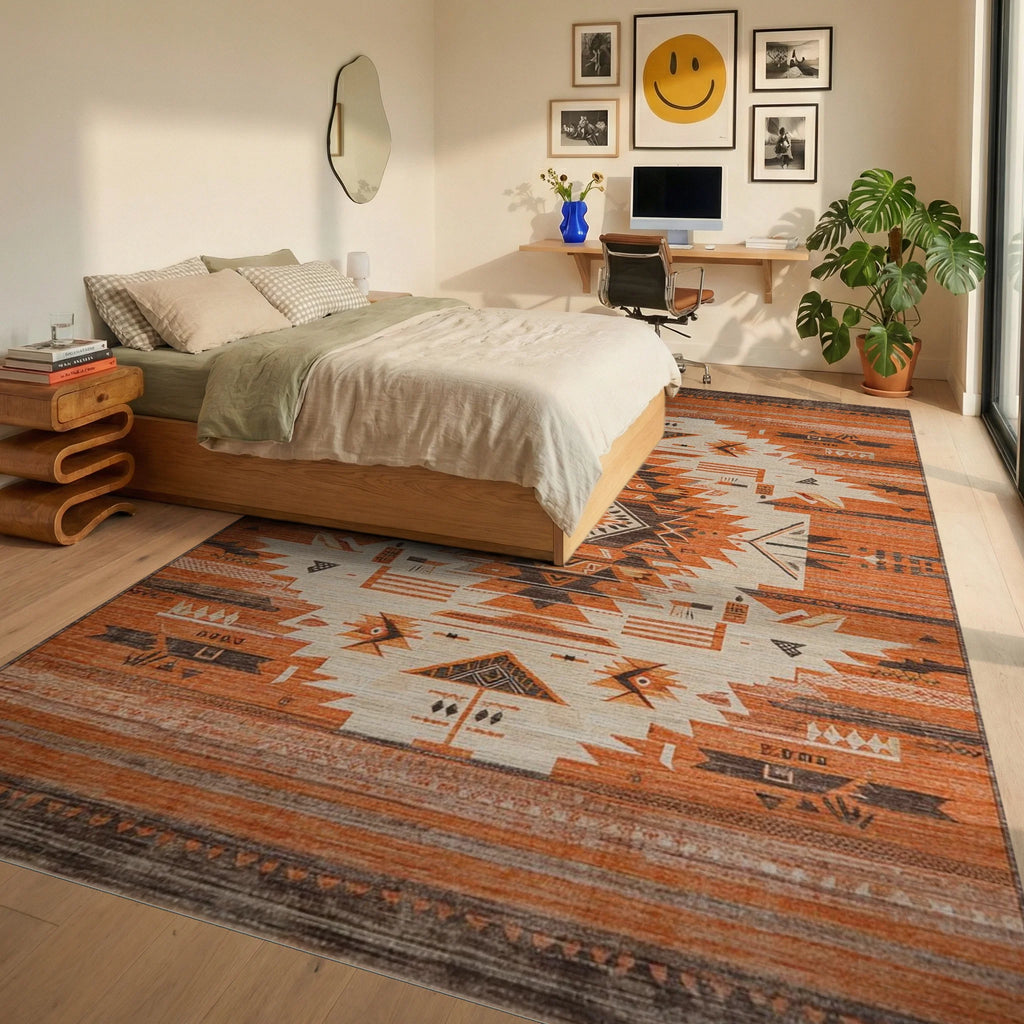 Rustic Orange Geometric Navajo Rug - Bedroom View