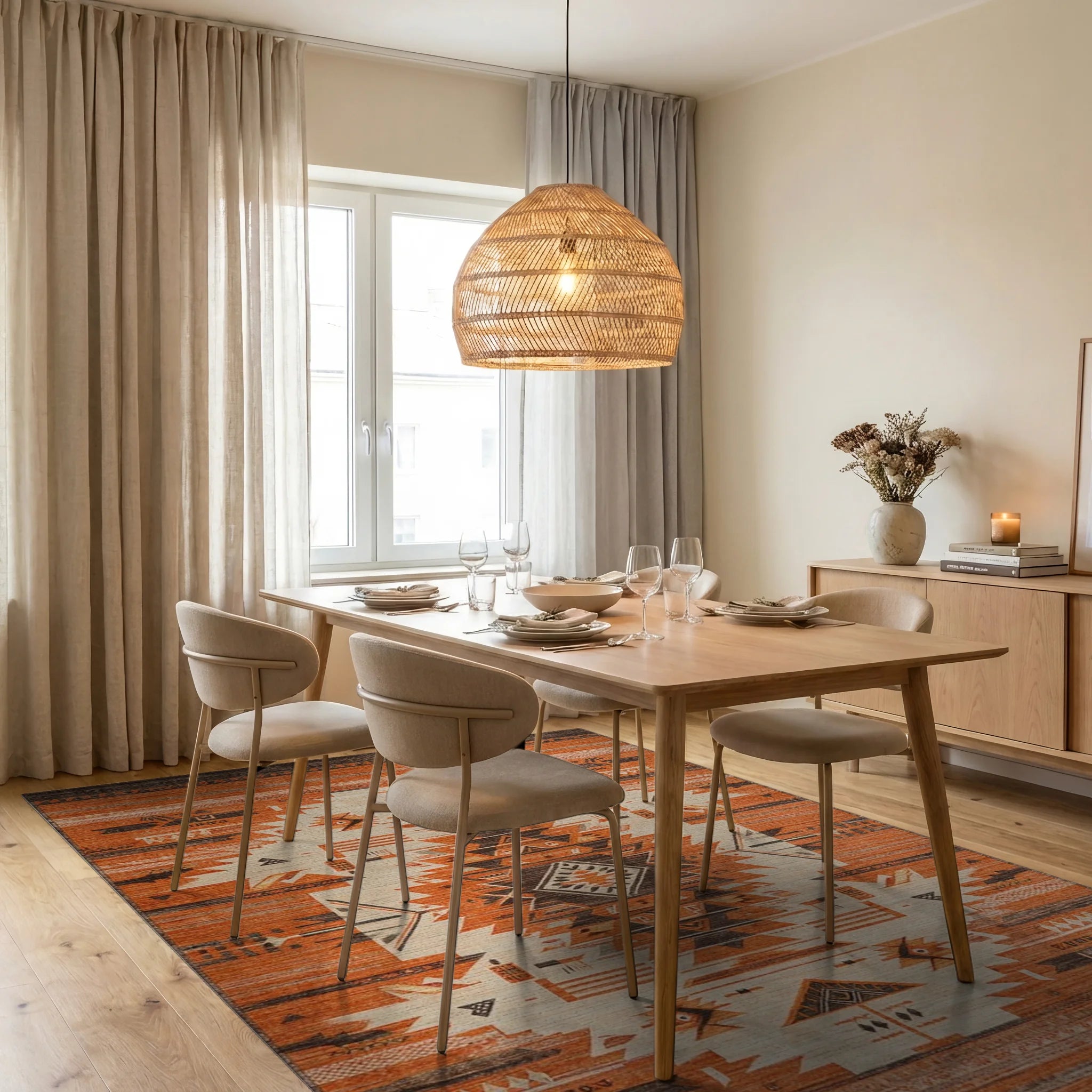 Rustic Orange Geometric Navajo Rug - Dining Room View