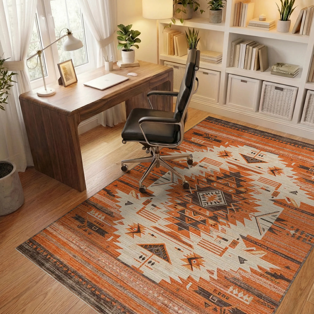 Rustic Orange Geometric Navajo Rug - Office View