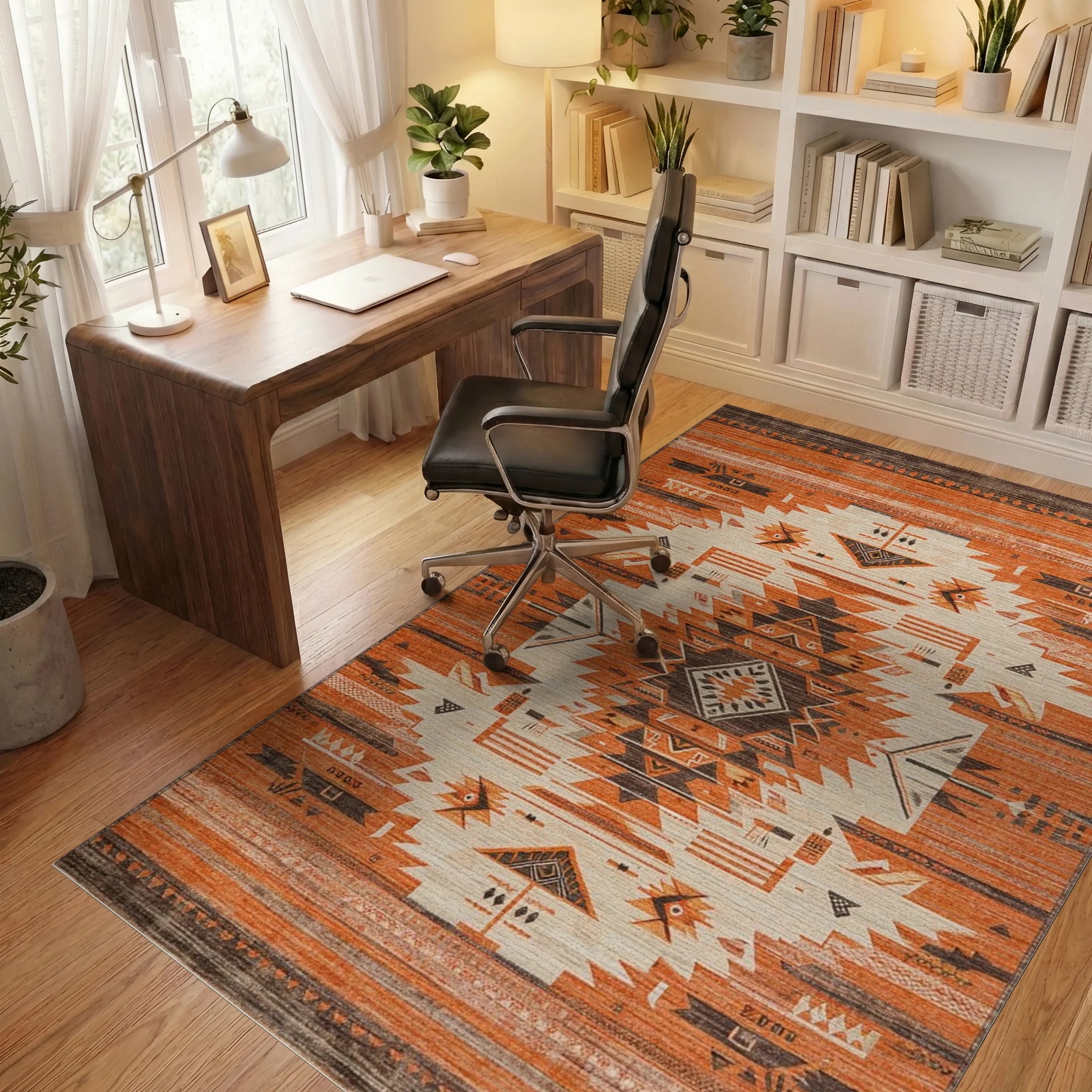 Rustic Orange Geometric Navajo Rug - Office View