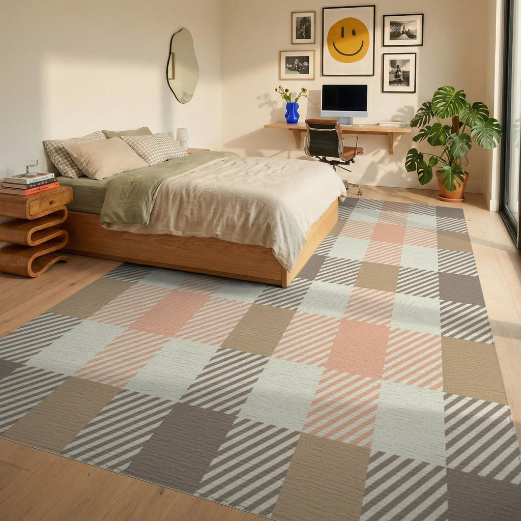Rustic Peach Plaid Checkered Rug Bedroom View
