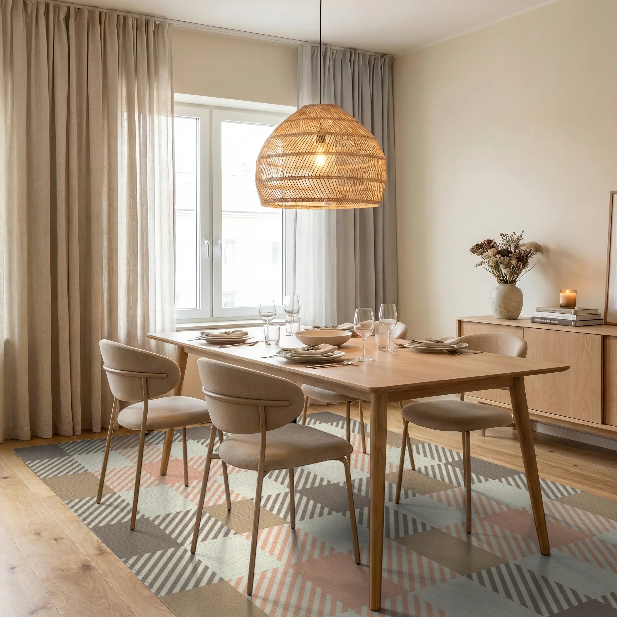 Rustic Peach Plaid Checkered Rug Dining Room View