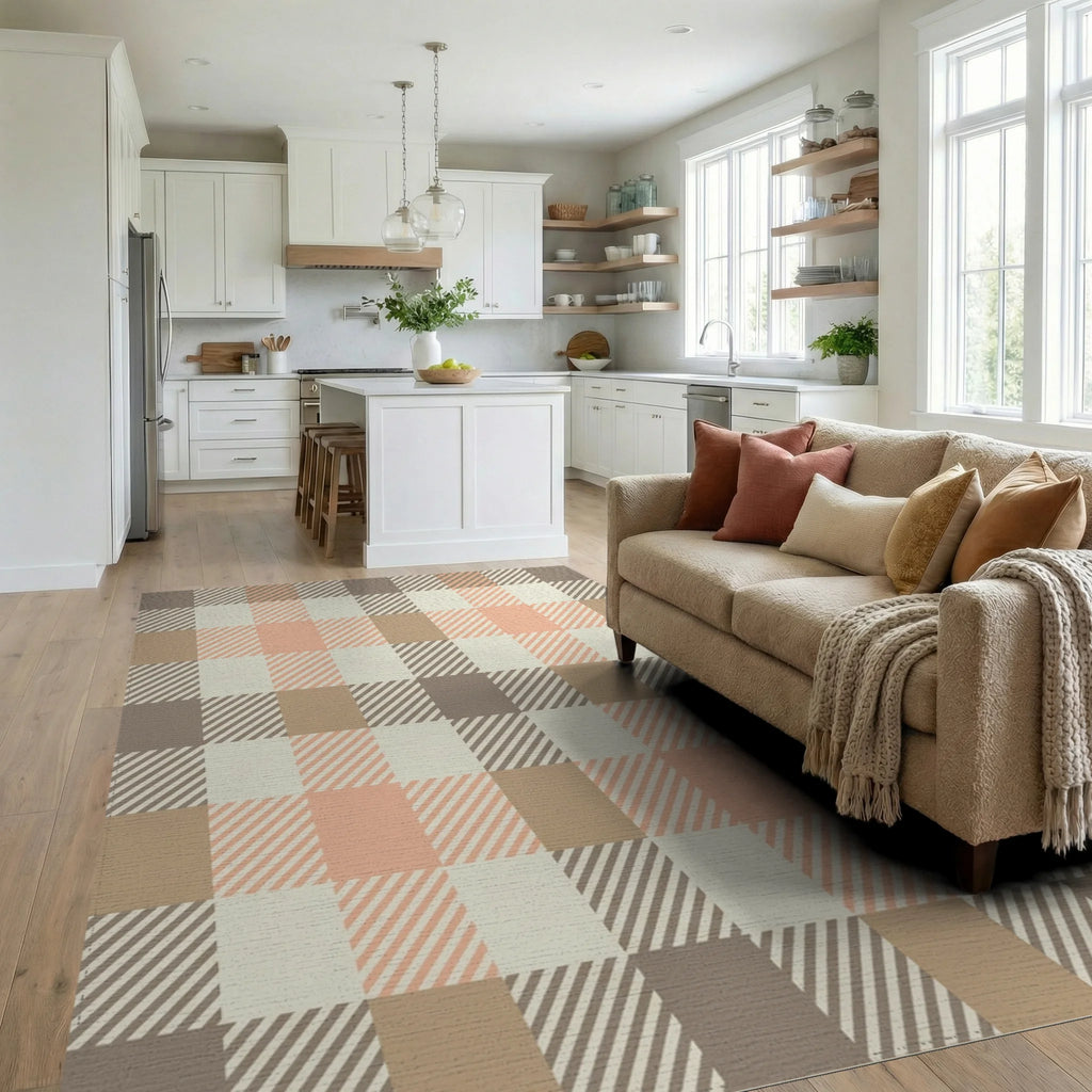 Rustic Peach Plaid Checkered Rug Living Room View