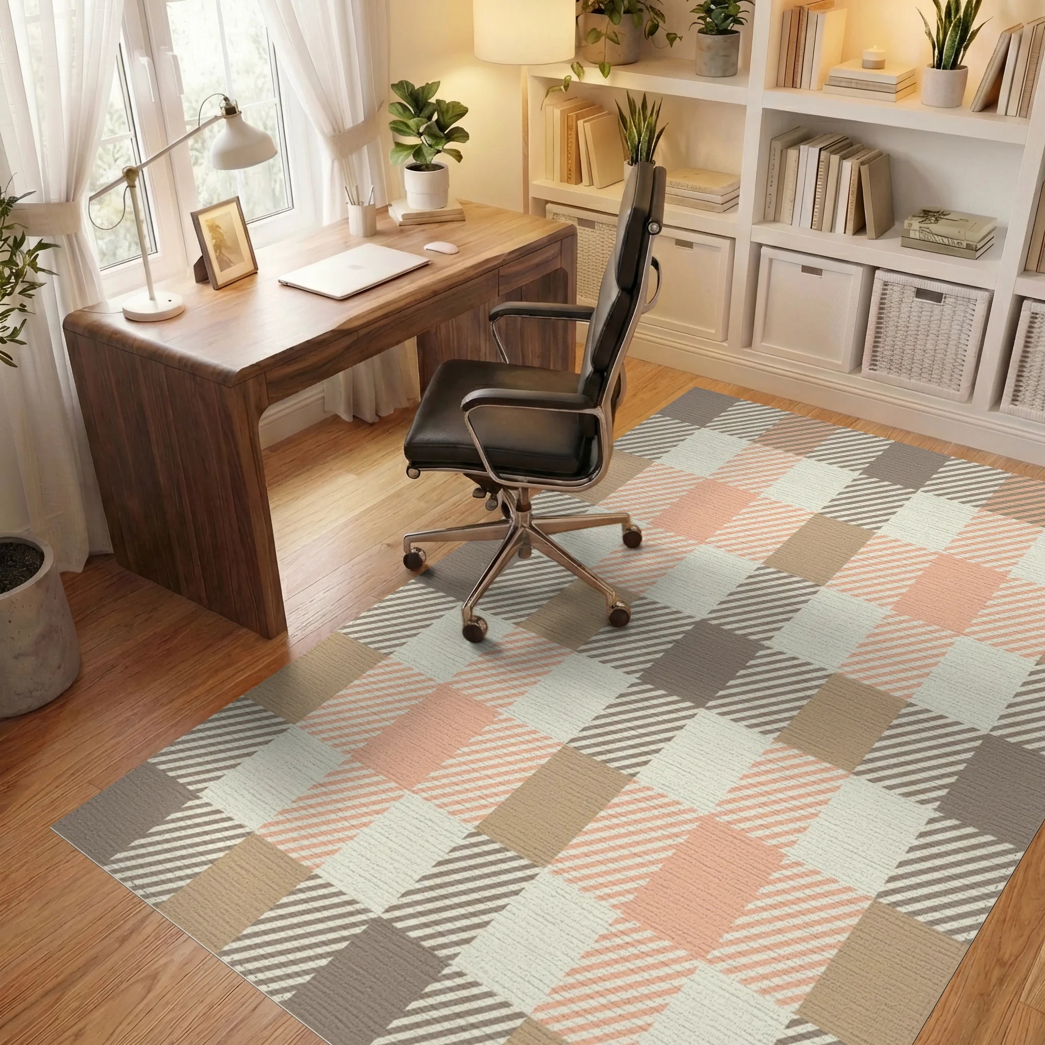 Rustic Peach Plaid Checkered Rug Office View