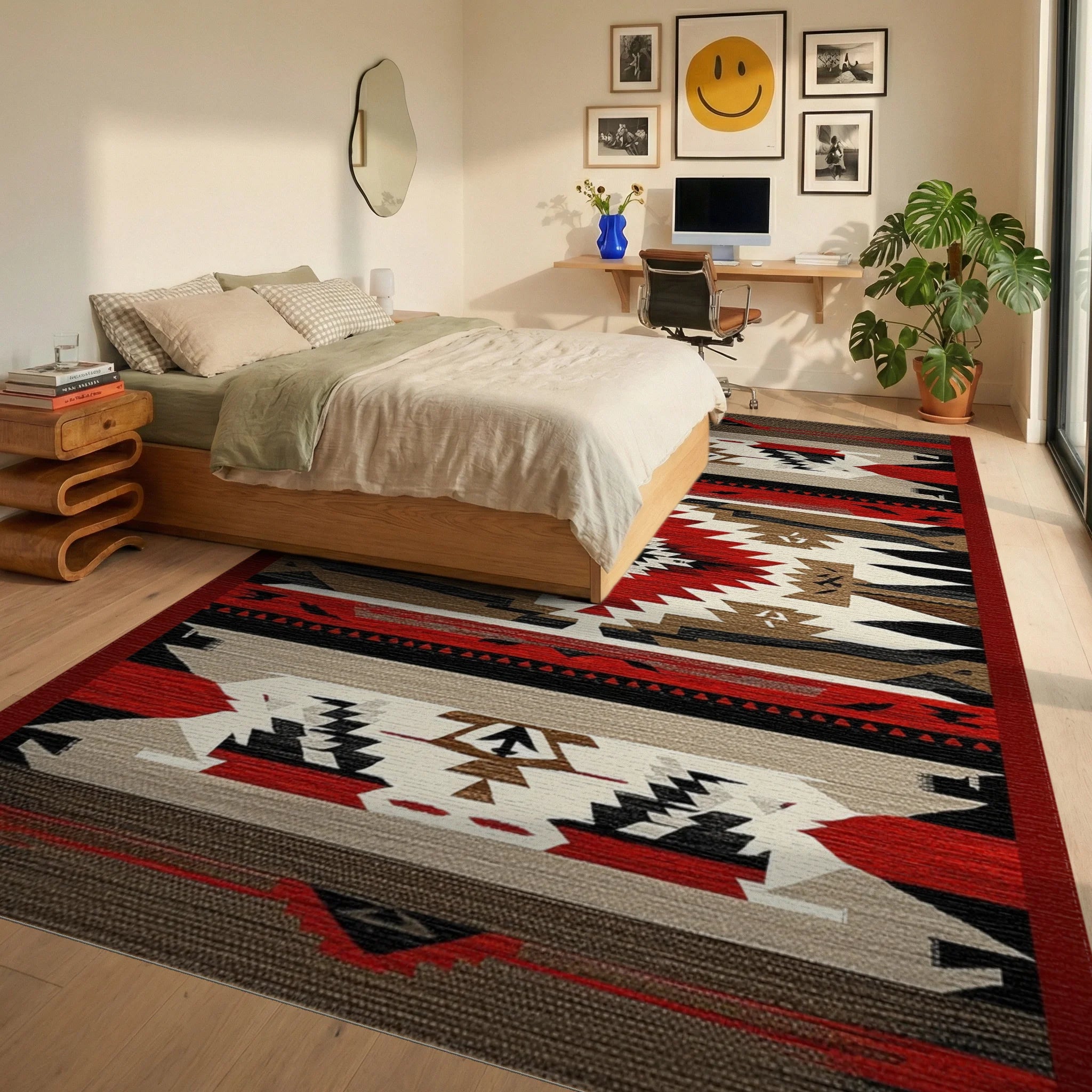 Rustic Red Black Geometric Diamond Rug - Bedroom View