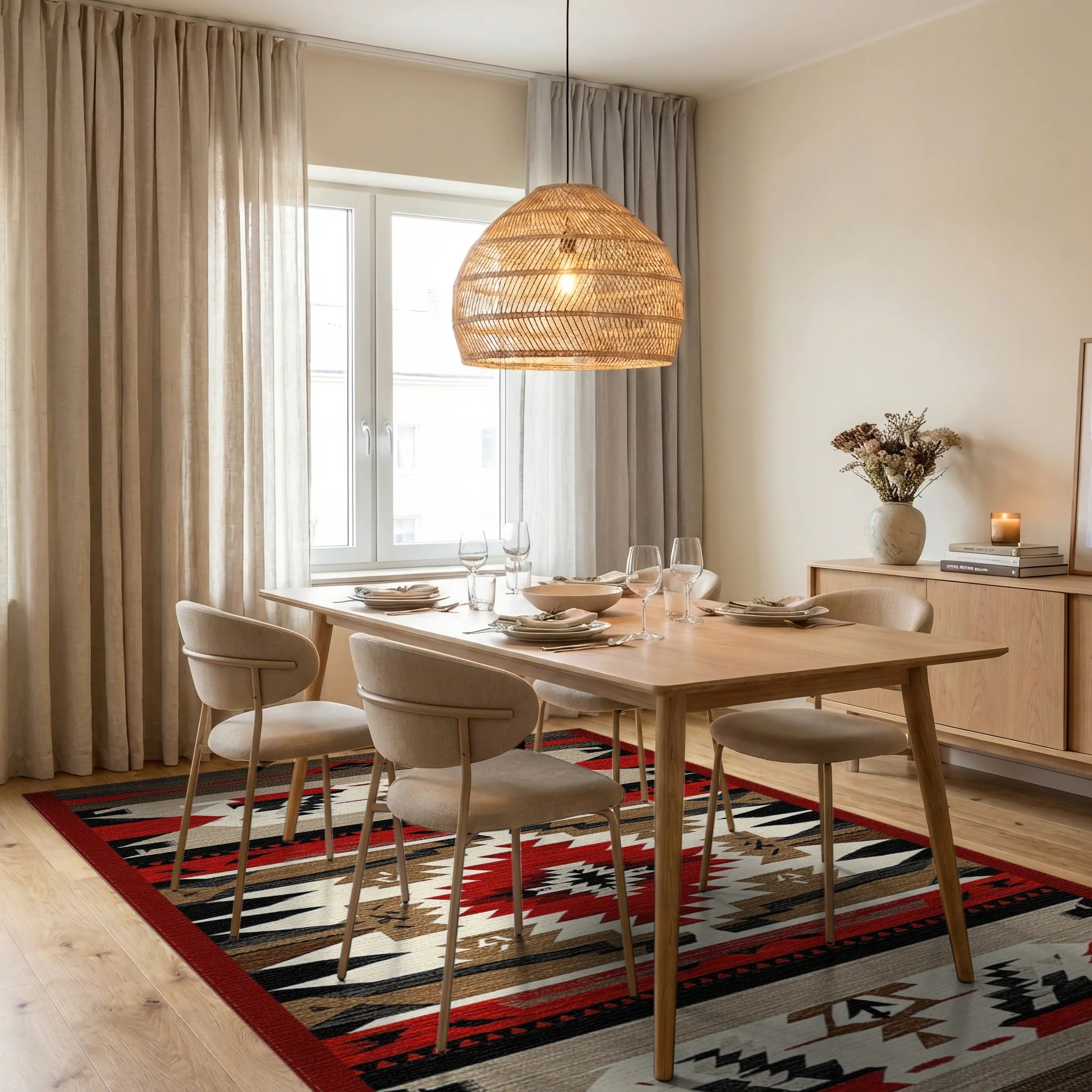 Rustic Red Black Geometric Diamond Rug - Dining Room View