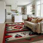 Rustic Red Black Geometric Diamond Rug - Living Room View