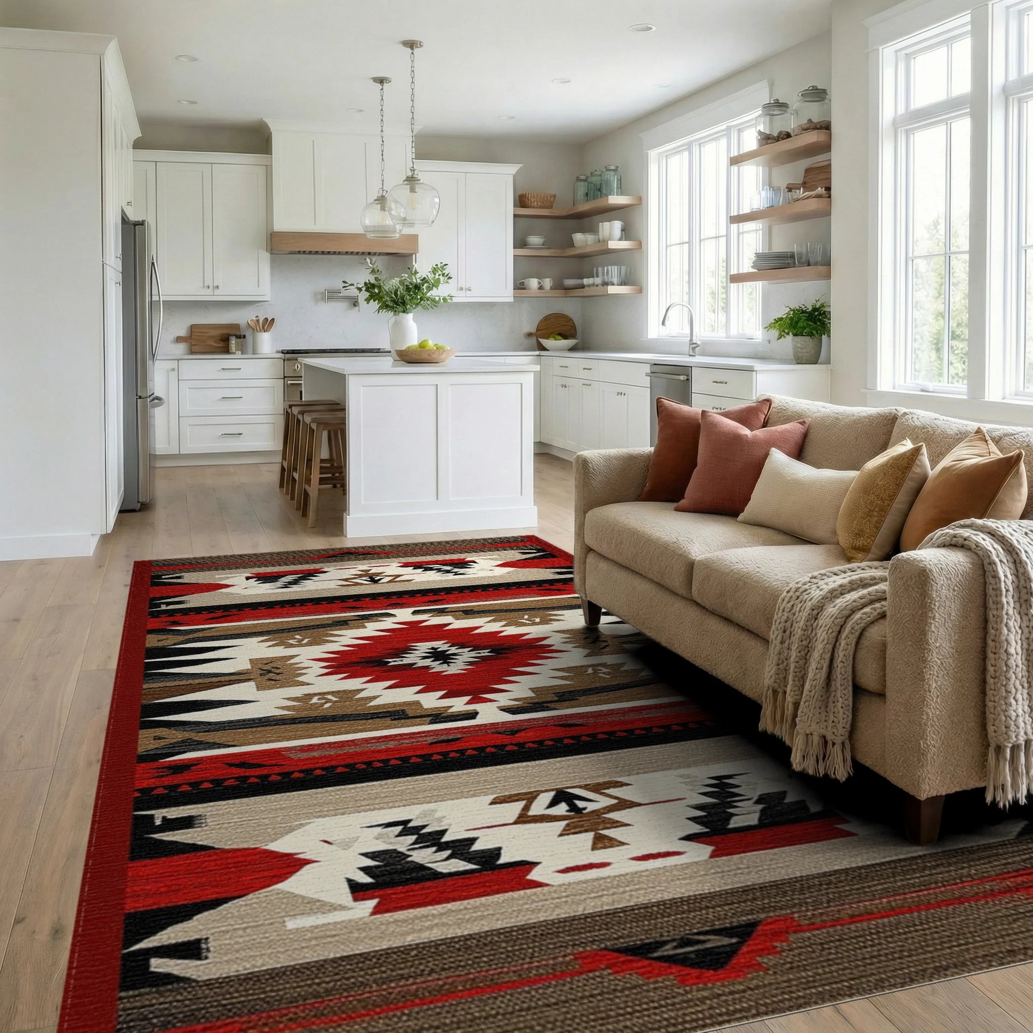 Rustic Red Black Geometric Diamond Rug - Living Room View