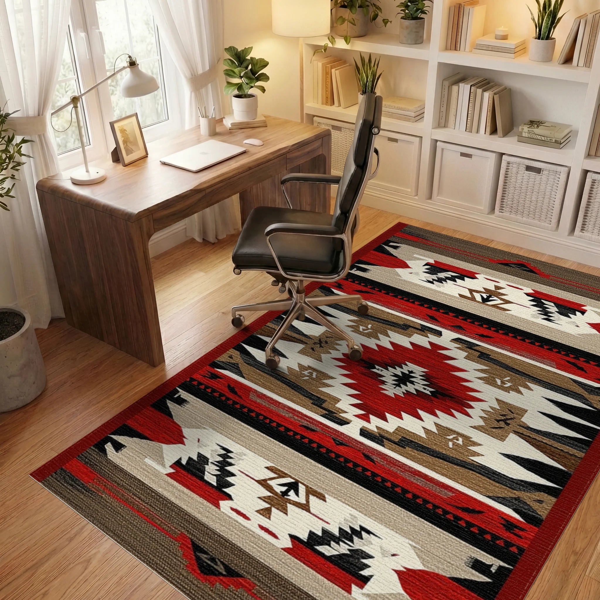 Rustic Red Black Geometric Diamond Rug - Office View