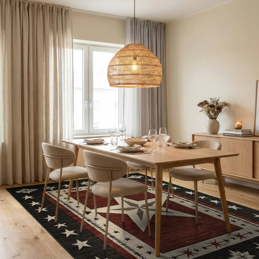 Rustic Red White Star Border Rug - Dining Room View