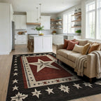 Rustic Red White Star Border Rug - Living Room View