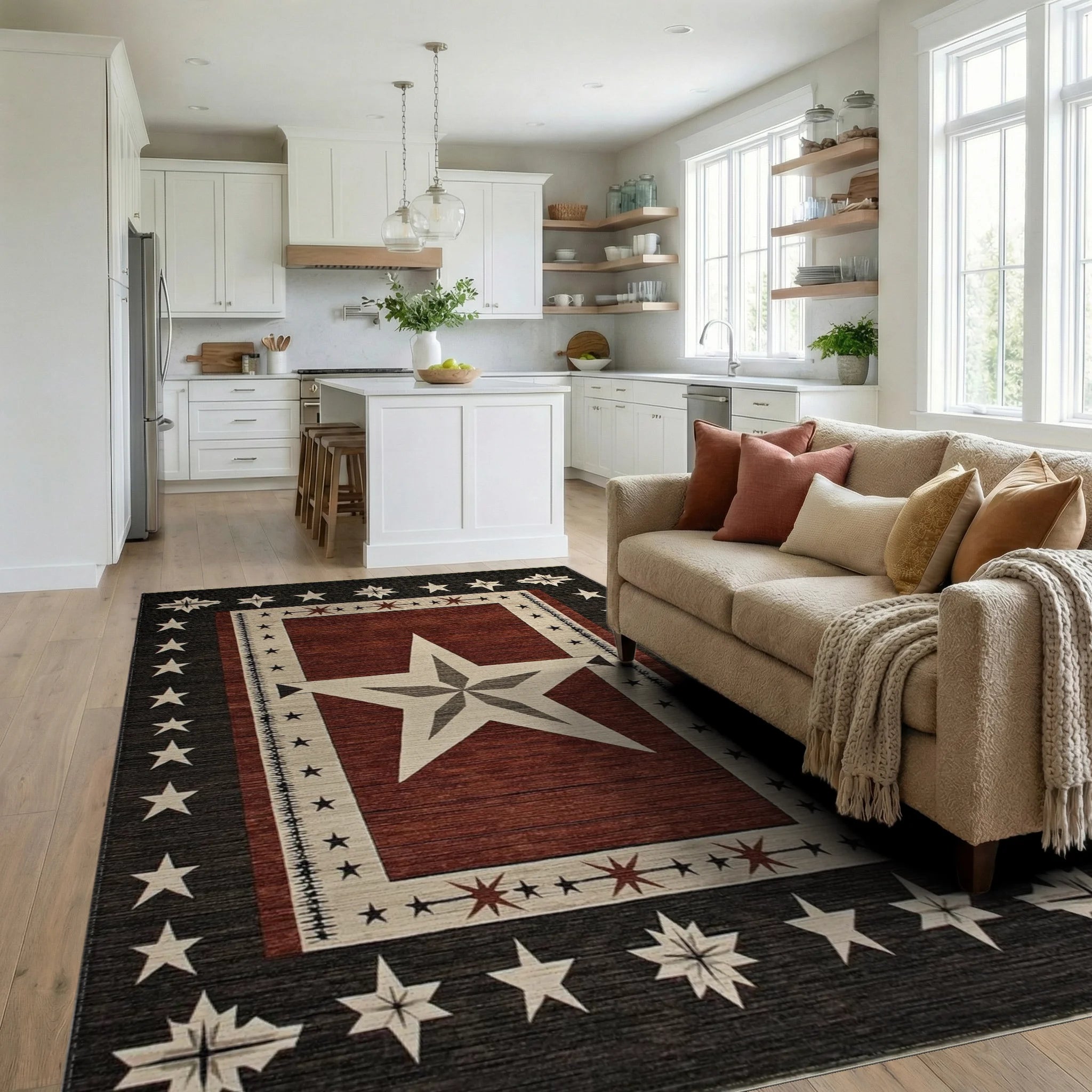 Rustic Red White Star Border Rug - Living Room View