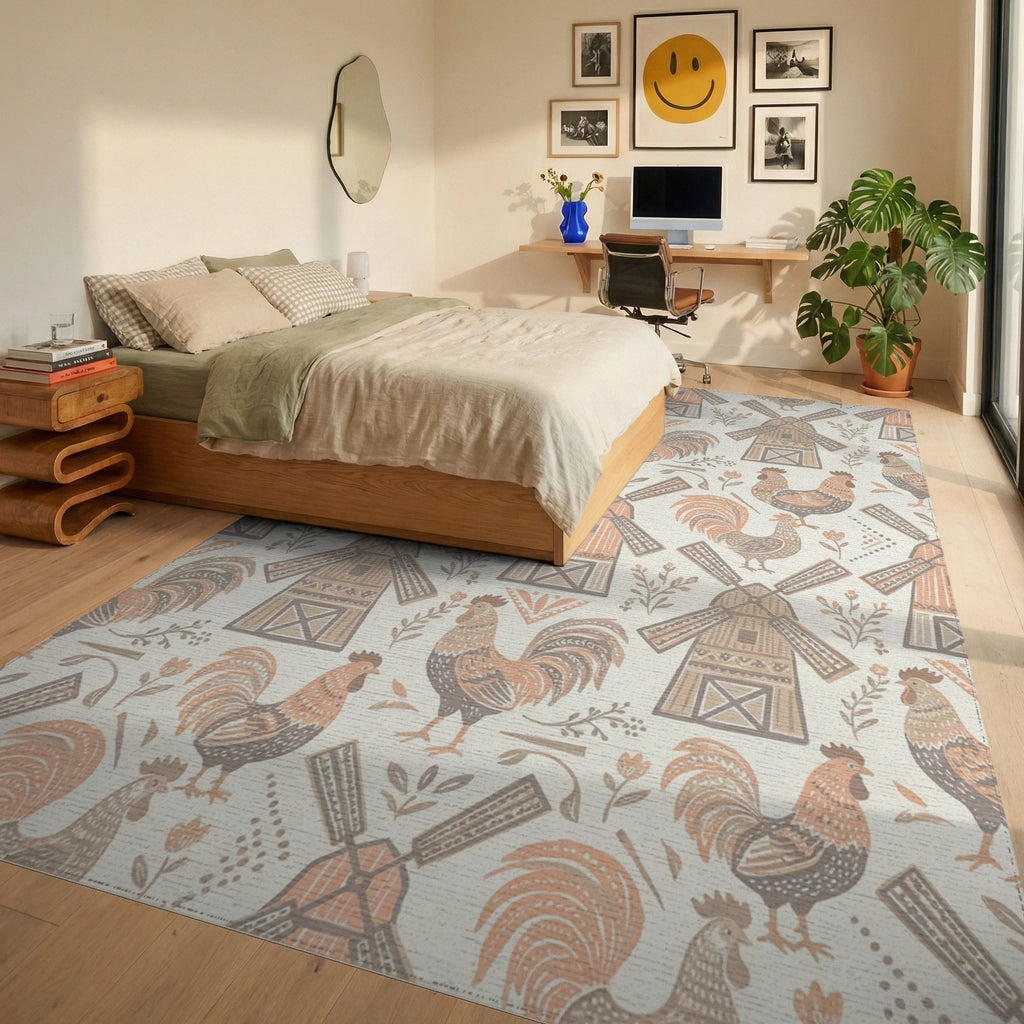 Rustic Rooster Windmill Farm Garden Rug Bedroom View