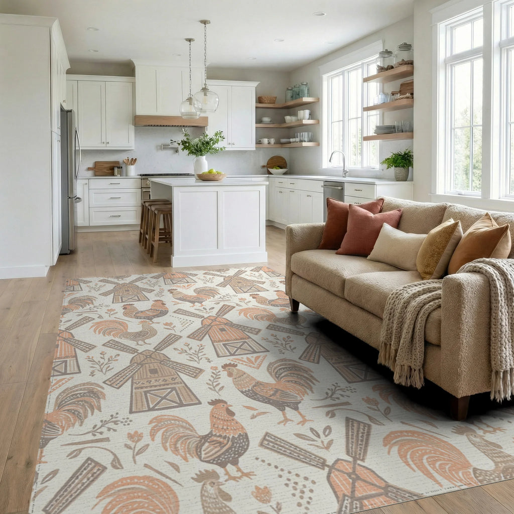 Rustic Rooster Windmill Farm Garden Rug Living Room View