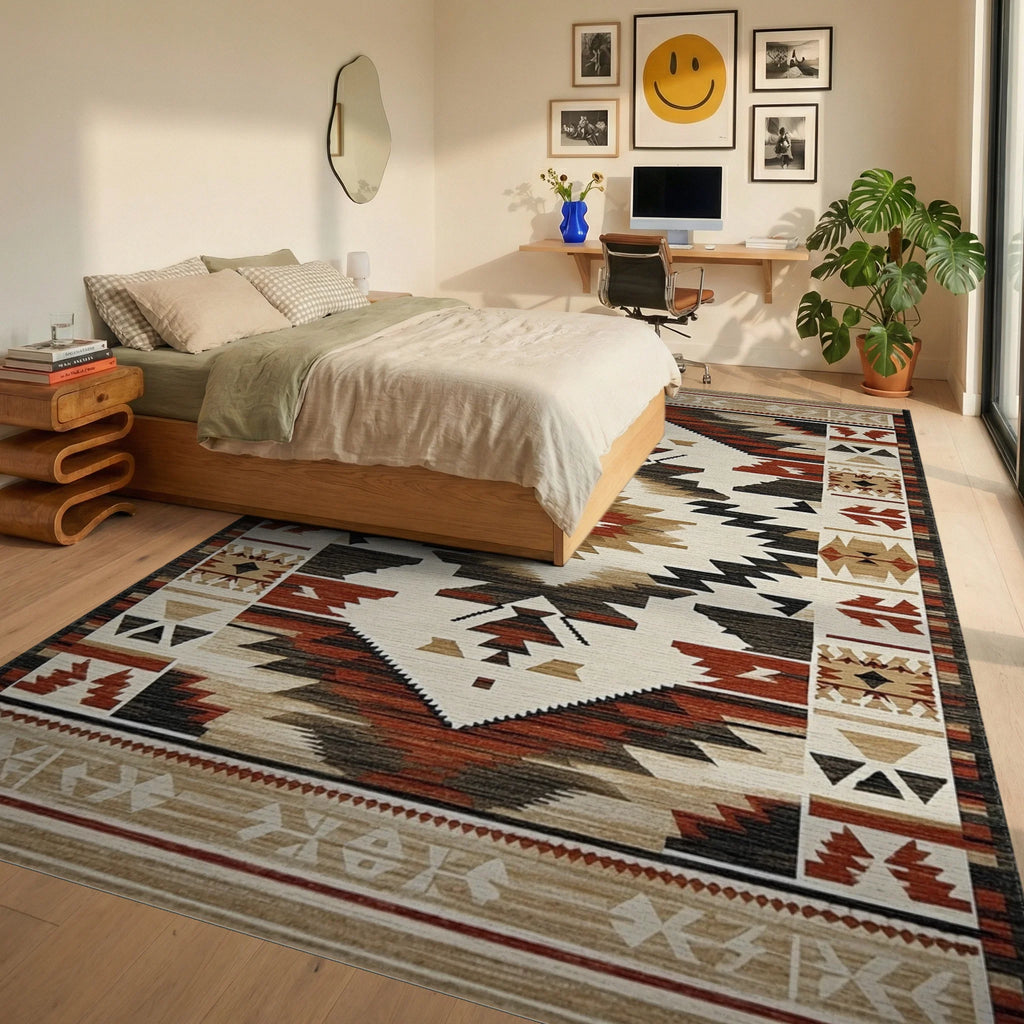Rustic Rust Black Geometric Diamond Rug - Bedroom View