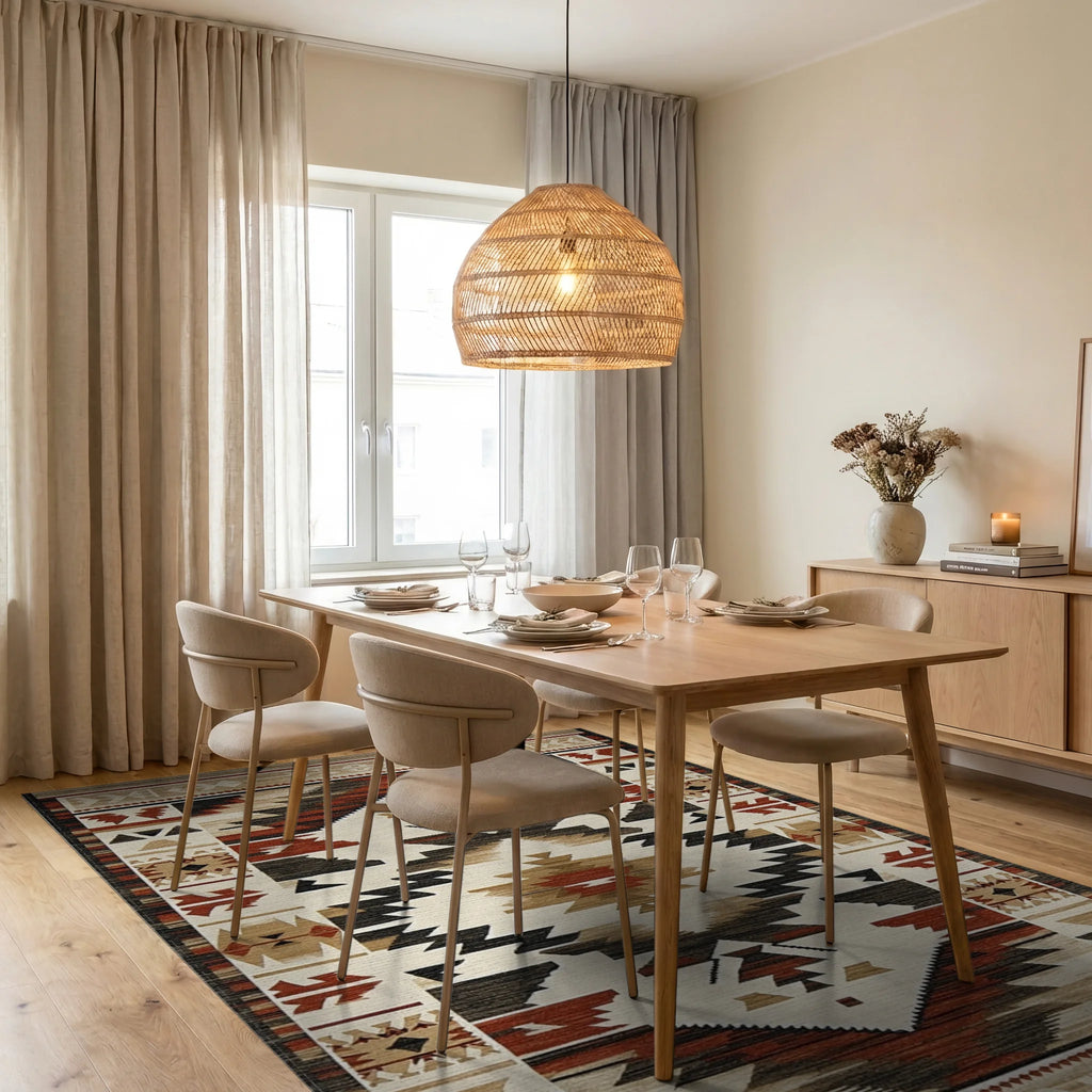 Rustic Rust Black Geometric Diamond Rug - Dining Room View