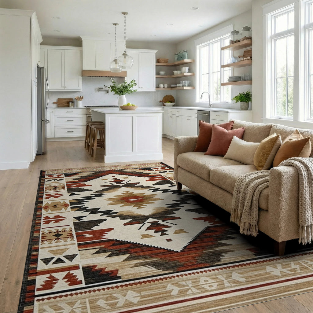 Rustic Rust Black Geometric Diamond Rug - Living Room View