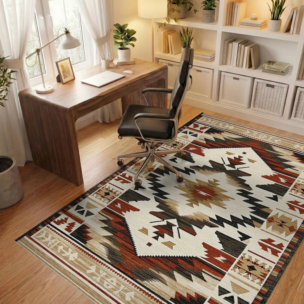 Rustic Rust Black Geometric Diamond Rug - Office View