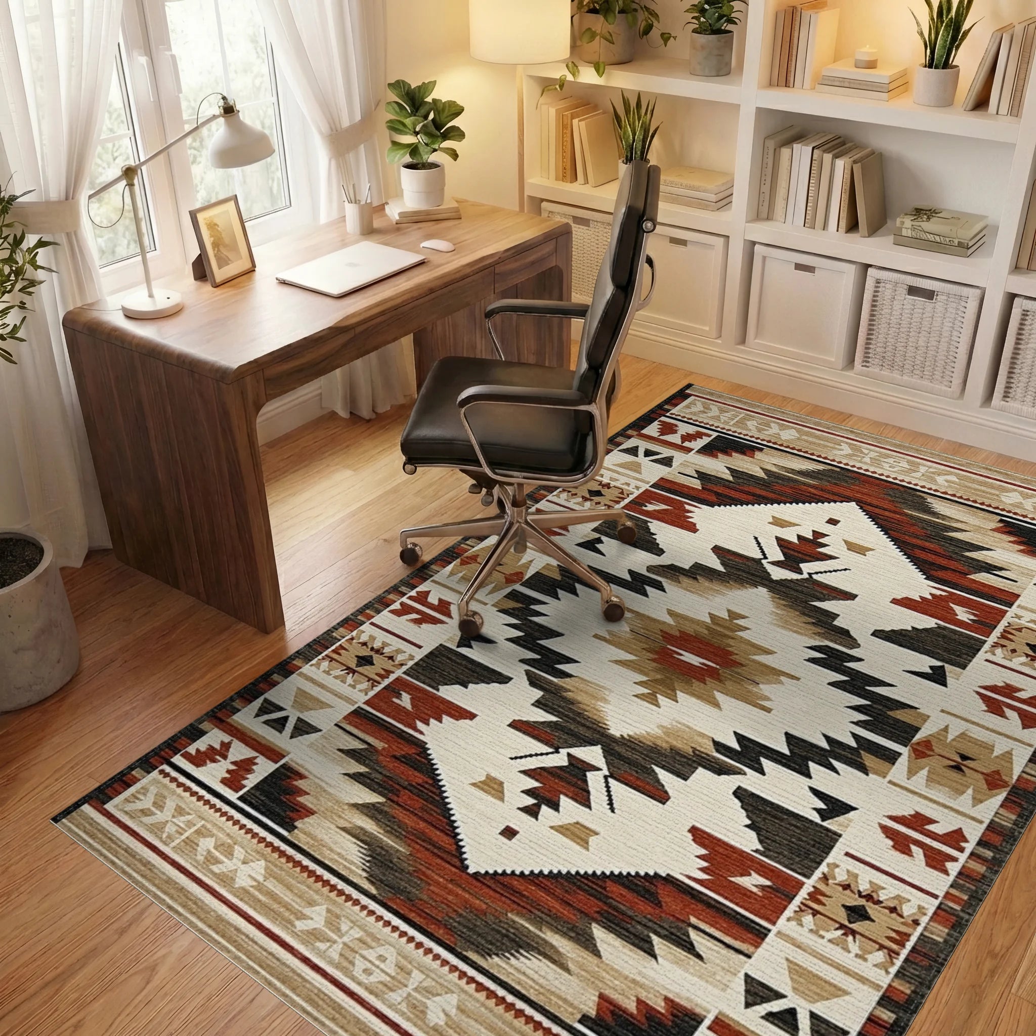 Rustic Rust Black Geometric Diamond Rug - Office View