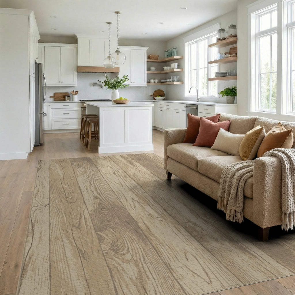 Rustic Tan Wood Grain Vertical Planks Rug Living Room View