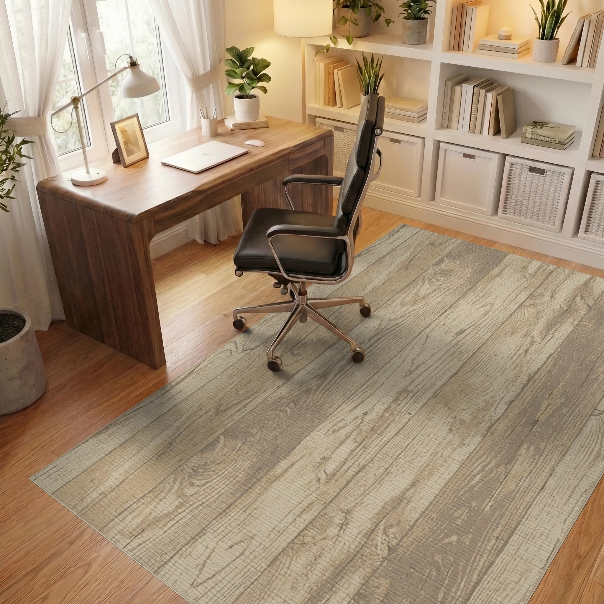 Rustic Tan Wood Grain Vertical Planks Rug Office View