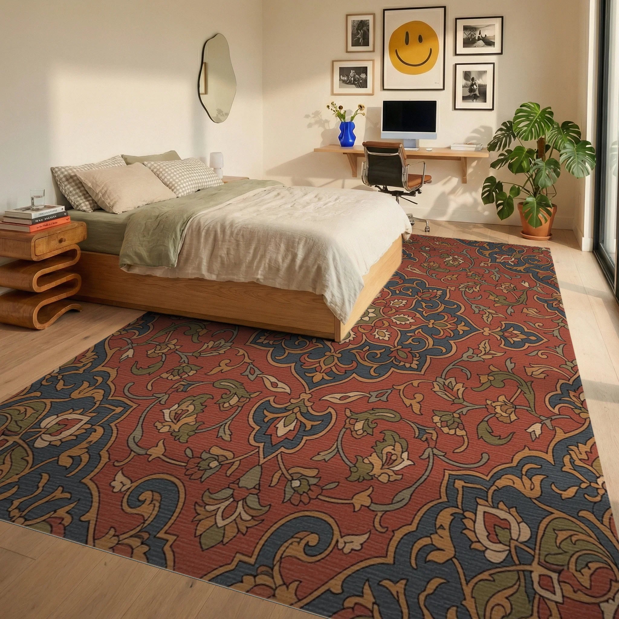 Rustic Terracotta Floral Medallion Rug Bedroom View