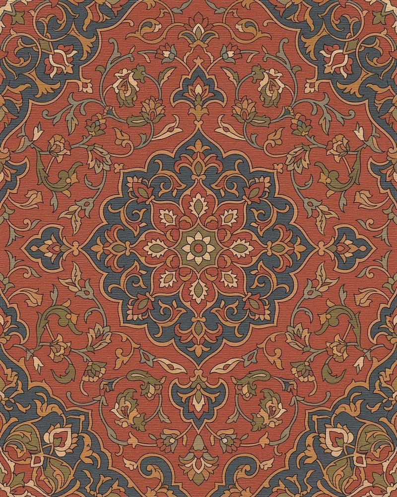 Rustic Terracotta Floral Medallion Rug - Cutout View