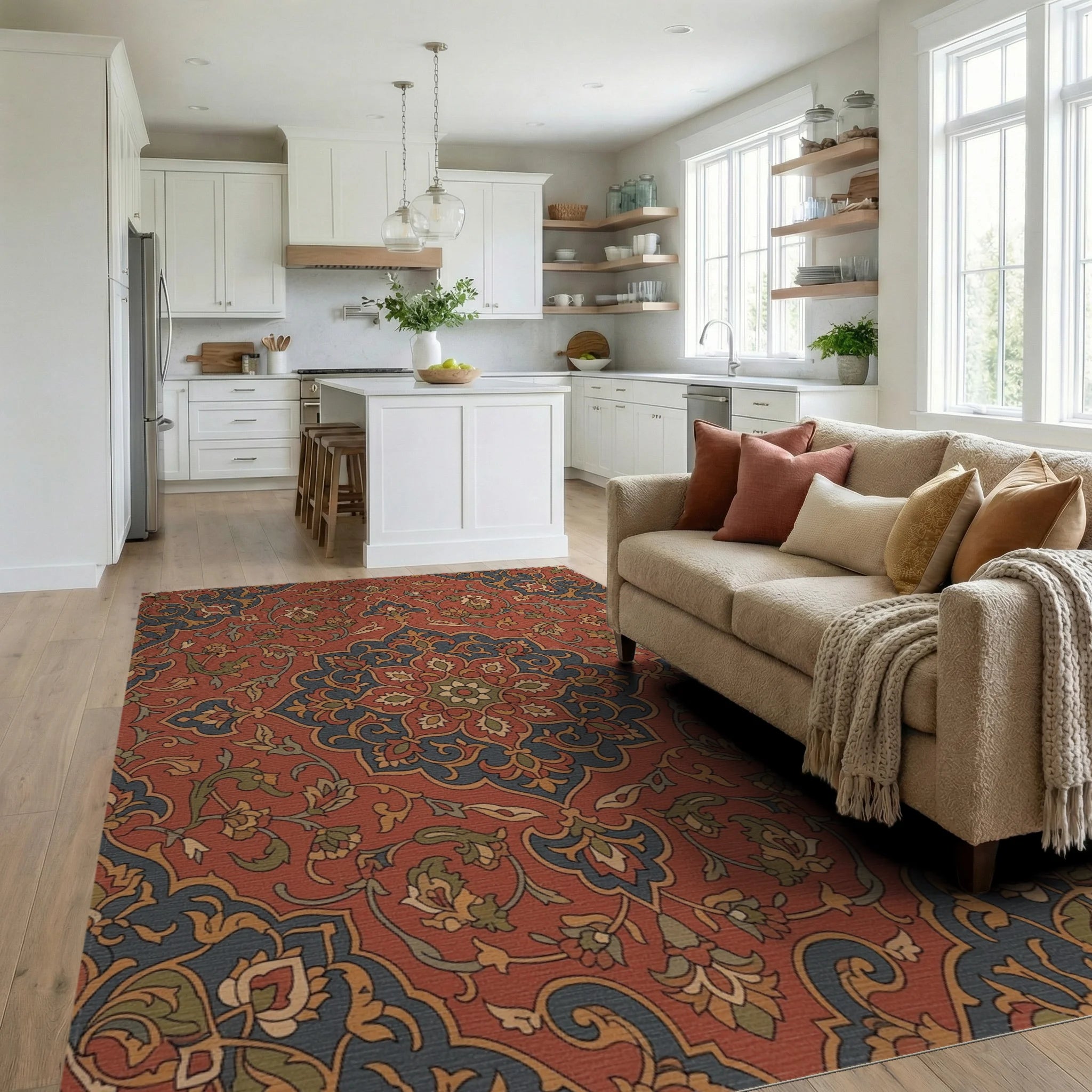 Rustic Terracotta Floral Medallion Rug Living Room View