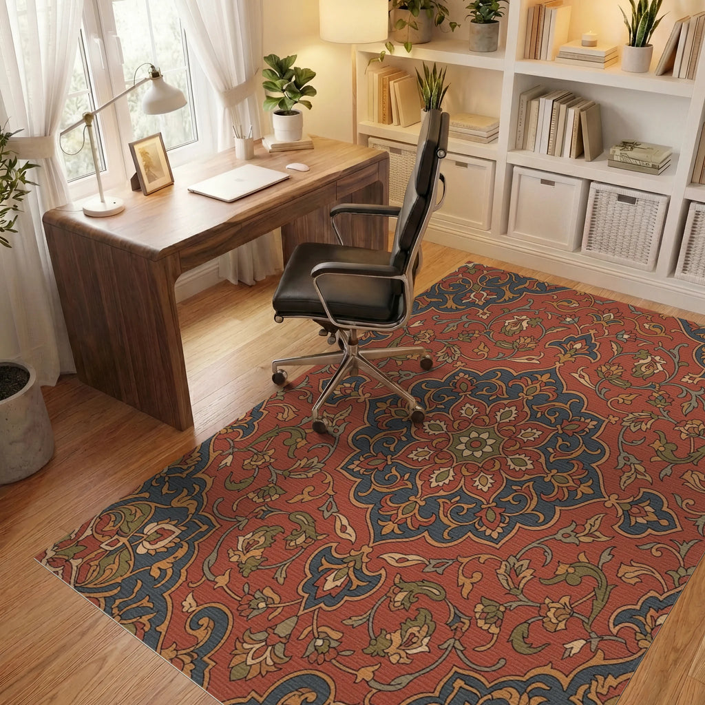 Rustic Terracotta Floral Medallion Rug Office View