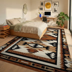 Rustic Terracotta Geometric Stepped Rug - Bedroom View