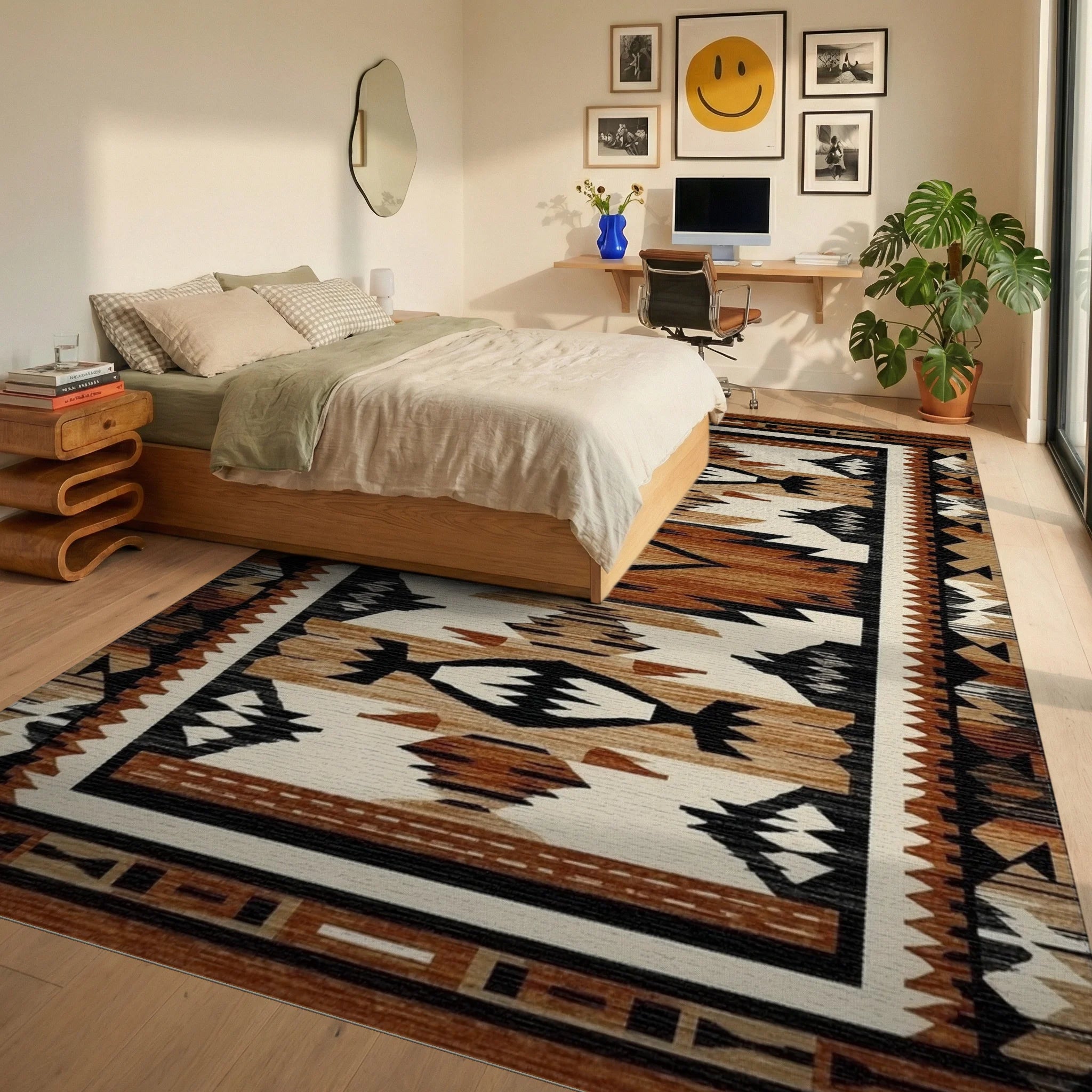 Rustic Terracotta Geometric Stepped Rug - Bedroom View