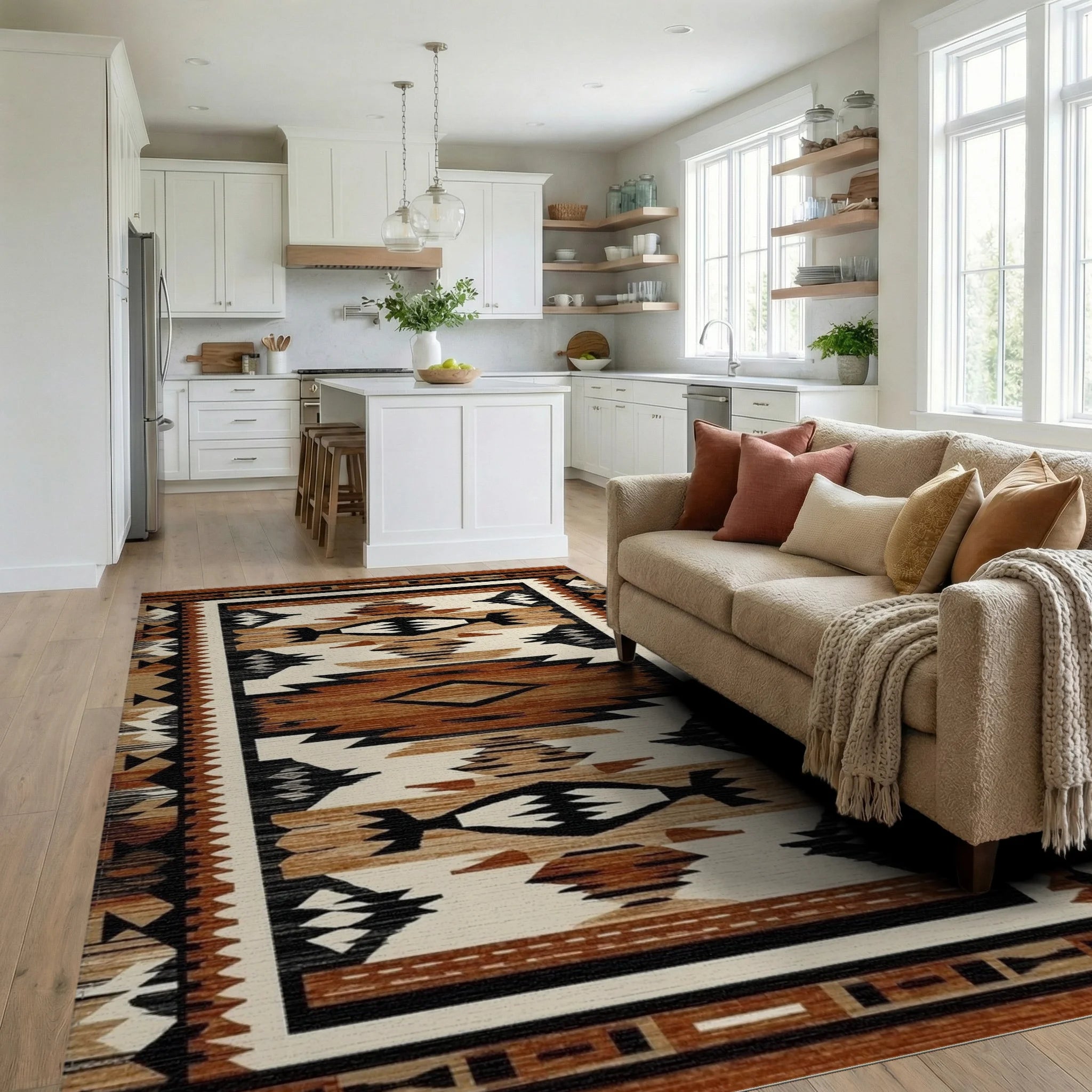 Rustic Terracotta Geometric Stepped Rug - Living Room View