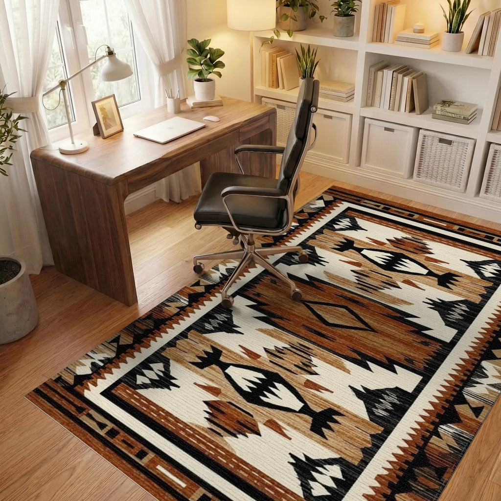 Rustic Terracotta Geometric Stepped Rug - Office View
