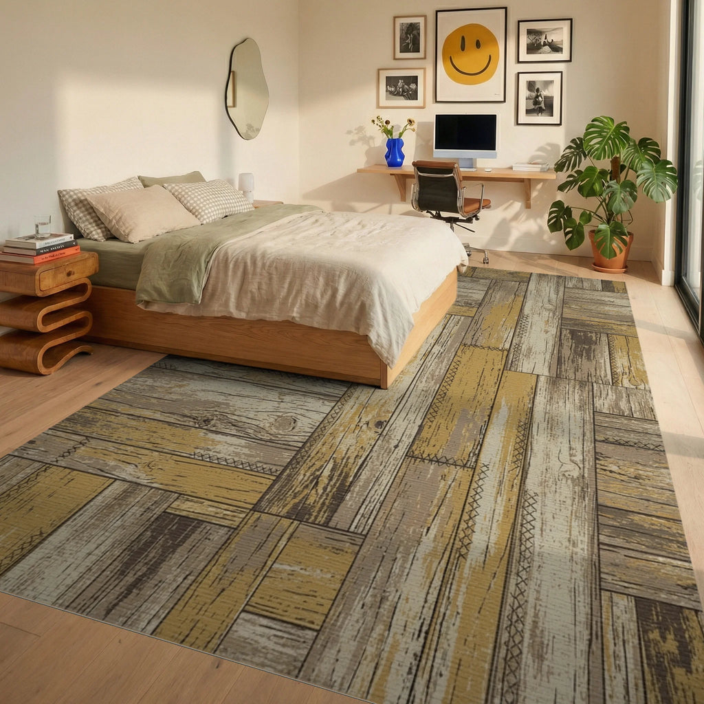 Rustic Weathered Wood Plank Assembly Rug Bedroom View