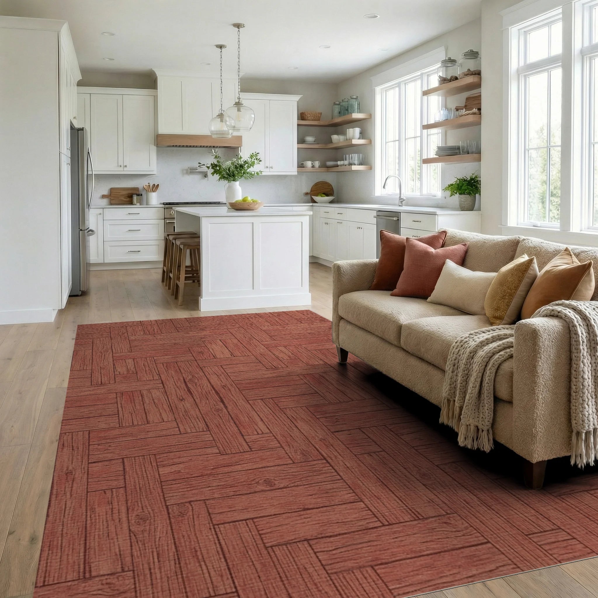 Rustic Wood Grain Parquet Rug Living Room View