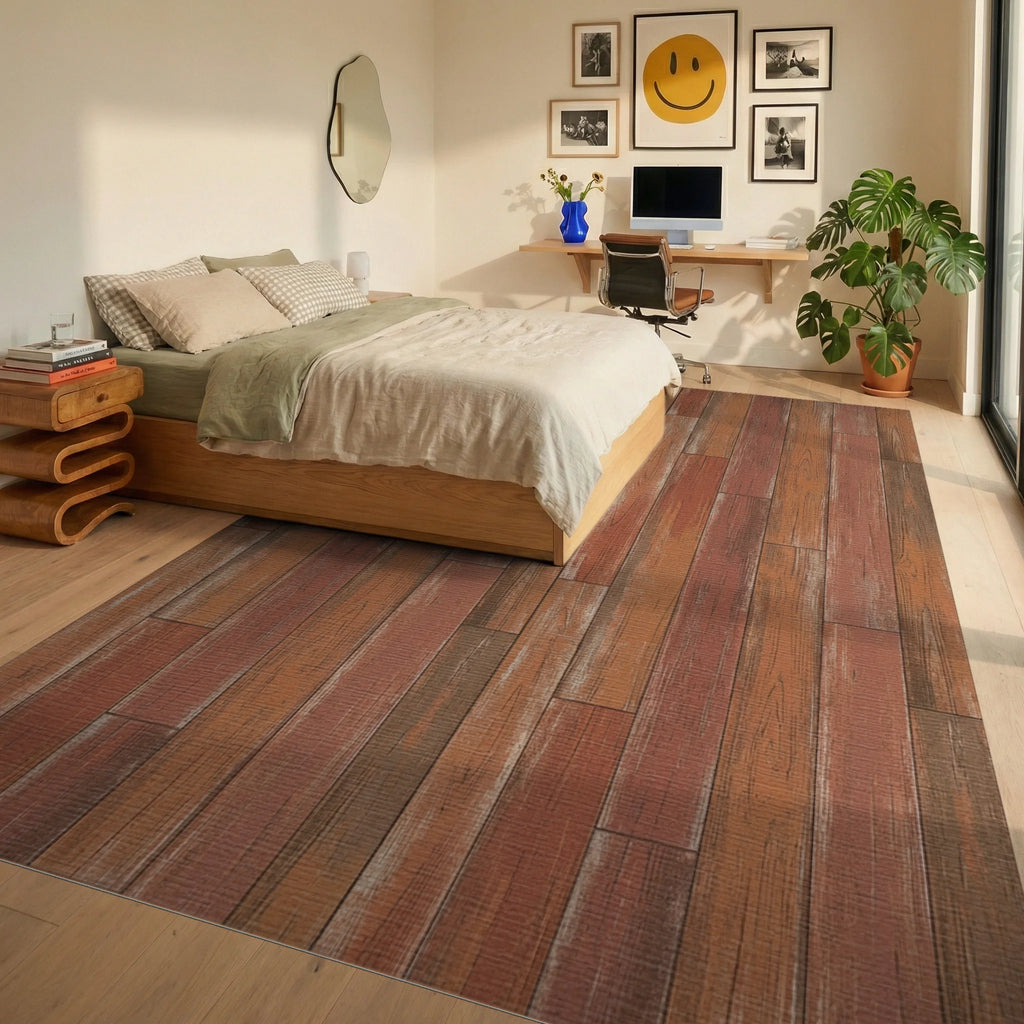 Rustic Wood Plank Mid-Tone Rug Bedroom View